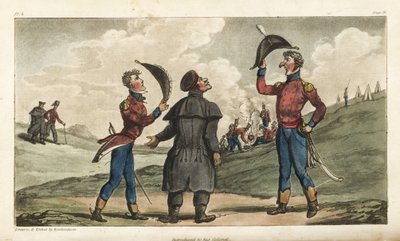 Fähnrich Johnny Newcome wird dem Oberst seines Regiments vor der Schlacht von Salamanca vorgestellt. Handkolorierte Kupferstichgravur gezeichnet und radiert von Thomas Rowlandson aus Colonel David Roberts