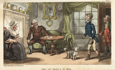 Fähnrich Johnny Newcome kehrt krank aus dem Halbinselkrieg nach England zurück. Handkolorierter Kupferstich, gezeichnet und radiert von Thomas Rowlandson aus Colonel David Roberts
