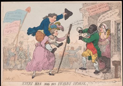 Jeder Mann hat sein Steckenpferd, veröffentlicht 1784 (handkolorierter Stich) von Thomas Rowlandson