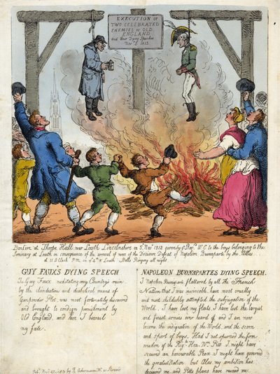 Hinrichtung von zwei berühmten Feinden des alten England, Guy Fawkes und Napoleon Buonaparte - Ihre letzte Rede am Galgen. 1813. von Thomas Rowlandson