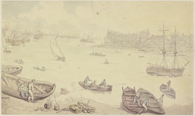 Fluss mit vielen Schiffen und einer Werft von Thomas Rowlandson