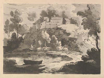 Hügelige Flusslandschaft, ein Boot im Wasser im Vordergrund links, eine Figur am fernen Ufer von Thomas Rowlandson