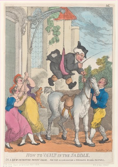 Wie man in den Sattel springt oder ein neu erfundener Patentkran für die Unterkunft..., 30. Dezember 1813 von Thomas Rowlandson