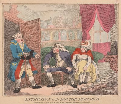 Eindringen oder der gestörte Arzt, veröffentlicht 1786 (handkolorierter Stich) von Thomas Rowlandson