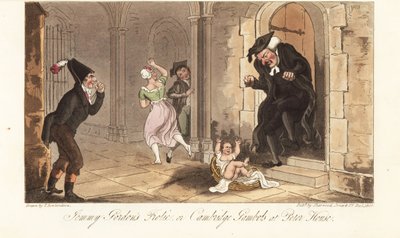 James Gordon, ein berüchtigter Trunkenbold aus Cambridge, hinterlässt als Streich ein Baby vor dem Haus eines College-Dekans. Jemmy Gordons Streich oder Cambridge-Gambols im Peter House. Handkolorierte Kupferplatte, gezeichnet und graviert von Thomas Rowla von Thomas Rowlandson