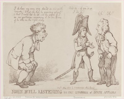 John Bull hört den Streitigkeiten der Staatsangelegenheiten zu, 1. Mai 1803 von Thomas Rowlandson