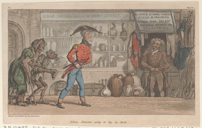 Johnny Newcome geht Vorräte kaufen, aus Die militärischen Abenteuer von Johnny Newcome von Thomas Rowlandson