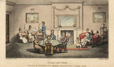 Johnny umwirbt Maria in einem Salon, während andere Karten spielen und Lieder vor dem Kamin singen. Handkolorierte Kupferstichgravur von W. Read nach einer Illustration von Thomas Rowlandson aus Alfred Burtons The Adventures of Johnny Newcombe in the Navy, von Thomas Rowlandson