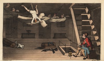 Johnny fällt aus seiner Hängematte in seiner Kabine. Handkolorierte Kupferstichgravur von W. Read nach einer Illustration von Thomas Rowlandson aus Alfred Burtons Die Abenteuer von Johnny Newcombe in der Marine, Simpkin, London von Thomas Rowlandson