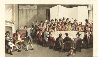 Johnny im Dienst in einem Herrenclub, serviert Wein an Mitglieder, während andere an einem großen Spieltisch Karten spielen von Thomas Rowlandson