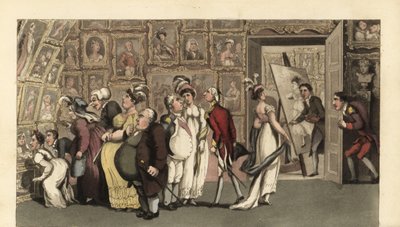 Johnny im Dienst des Porträtmalers Carmine in seiner Galerie. Als er allein ist, verunstaltet Johnny die Porträts mit Kreide und verursacht einen Aufruhr von Thomas Rowlandson