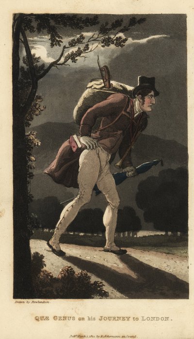 Johnny geht auf der mondbeschienenen Straße nach London. Er hat einen Rucksack mit einer Geige, ein Buch in seiner Manteltasche und trägt einen Regenschirm. Handkolorierte Kupferstichgravur von Thomas Rowlandson aus William Combes Die Geschichte von Johnny von Thomas Rowlandson