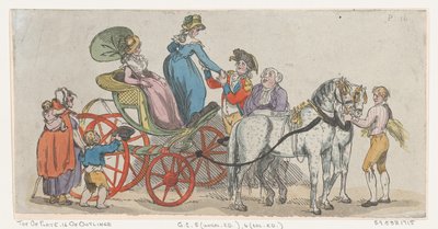 Damen steigen aus einer Kutsche, aus Platte 16, Umrisse von Figuren, Landschaften von Thomas Rowlandson