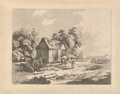 Landschaft mit Figuren, die Heu in einer Scheune lagern, ein Wagen und ein liegendes Pferd links, 1783-84 von Thomas Rowlandson