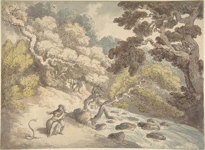 Landschaft mit rauschendem Bach und einem Paar am Ufer, erschreckt von einer Schlange von Thomas Rowlandson