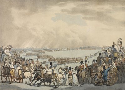 Leichte Kavallerie-Freiwillige von London und Westminster, kommandiert von Colonel Herries, inspiziert von Seiner Majestät auf dem Wimbledon Common, 5. Juli 1798 von Thomas Rowlandson