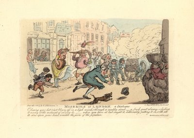 Mann jagt seinen Hut in einer stürmischen Straße von Thomas Rowlandson