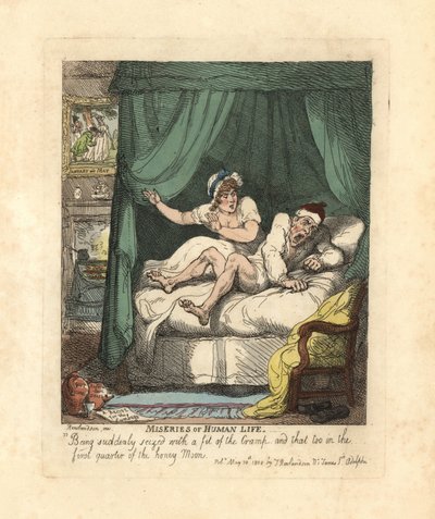 Mann im Flitterwochenbett von Beinkrampf ergriffen von Thomas Rowlandson