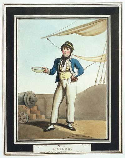 Matrose zur Zeit von Horatio Nelson (1758-1805), der verschiedenen Aufgaben nach seinen Fähigkeiten zugewiesen wurde, einige arbeiteten auf den Masten, andere auf dem Oberdeck, verantwortlich für den Anker, wieder andere waren Teil des Kanonierteams von Thomas Rowlandson