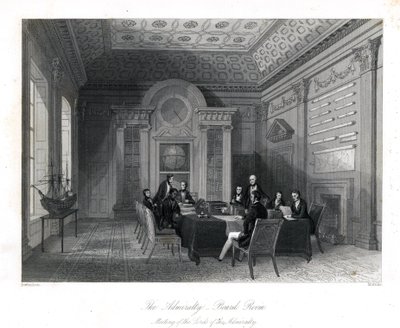 Treffen der Lords der Admiralität im Sitzungssaal, Admiralität. Stahlstich von Henry Melville nach einer Illustration von Thomas Rowlandson aus London Interiors, Their Costumes and Ceremonies, Joshua Mead, London von Thomas Rowlandson