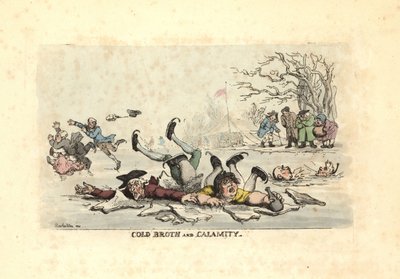 Männer und Frauen, die auf dünnem Eis Schlittschuh laufen und in einen gefrierenden Fluss fallen von Thomas Rowlandson