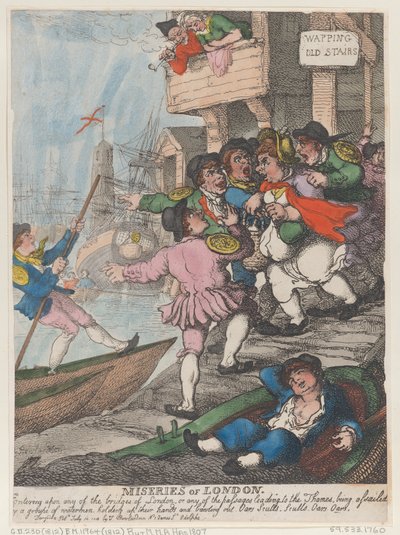 Miseren von London: Betreten einer der Brücken von London oder einer der Zugänge zur Themse, belästigt von einer Gruppe von Wasserleuten, die ihre Hände heben und rufen. Ruder. Skulls. Skulls. Ruder. Ruder. von Thomas Rowlandson