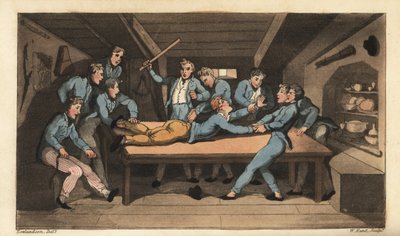 Marinebestrafung des Cobbing (Prügeln) für das Ruinieren einer Mahlzeit. Johnny wird mit einem Stock über dem Messtisch geschlagen, weil er Salz zum Pudding hinzugefügt hat. Handkolorierter Kupferstich von W. Read nach einer Illustration von Thomas Rowland von Thomas Rowlandson