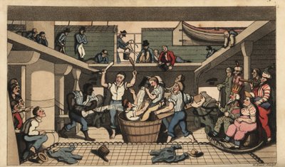 Seefahrtsritual: Äquatorüberquerung. Johnny wird in ein Bad mit Bilgewasser getaucht, als er zum ersten Mal den Äquator überquert. Matrosen sind als Meeresgötter Neptun, Amphitrite und Triton verkleidet. Handkolorierte Kupferstichgravur von W. Read nach ei von Thomas Rowlandson