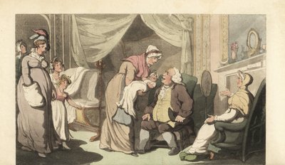 Krankenschwester zeigt einem alten Mann und einer alten Frau ein Baby von Thomas Rowlandson