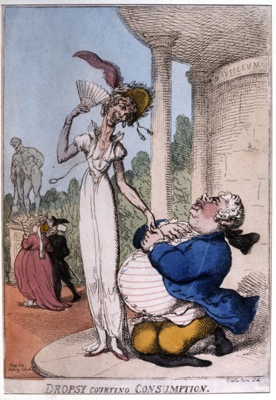 Fettleibiger Mann umwirbt einen Tuberkulosepatienten: Wassersucht und Schwindsucht, frühes 19. Jahrhundert (Karikatur) von Thomas Rowlandson