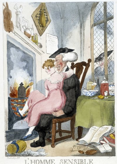 Alter Mann (geistlich) betastet eine junge Frau, die auf seinen Knien sitzt - Karikatur von Rowlandson von Thomas Rowlandson