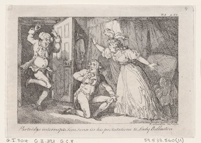 Partridge unterbricht Tom Jones in seinen Protestationen gegenüber Lady Bellaston, aus Die Geschichte von Tom Jones, 1792 von Thomas Rowlandson