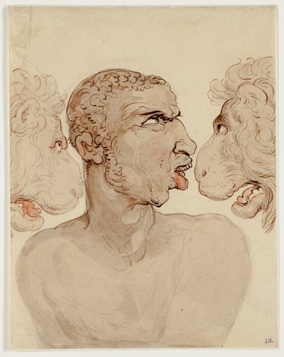 Physiognomische Studie des Kopfes eines Mannes und zweier Löwen von Thomas Rowlandson