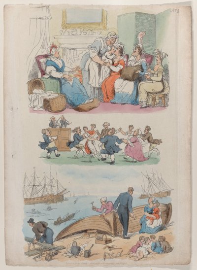 Tafel 4: Ein Besuch im Wochenbett, Ein Rundtanz, aus Welt im Miniatur, 1816 von Thomas Rowlandson