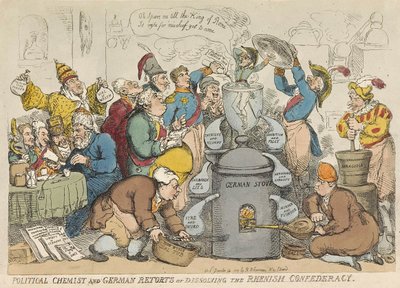 Politischer Chemiker und deutsche Retorten oder Auflösung des Rheinbundes, veröffentlicht 1813 von Thomas Rowlandson