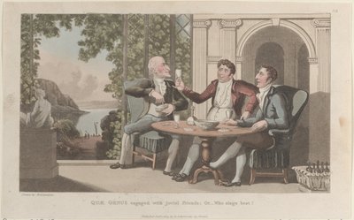 Quae Genus mit fröhlichen Freunden beschäftigt, oder-Wer singt am besten, aus Die Geschichte von Johnny Quae Genus von Thomas Rowlandson
