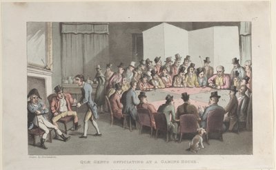 Quae Genus bei der Amtshandlung in einem Spielhaus, aus der Geschichte von Johnny Quae Gen von Thomas Rowlandson