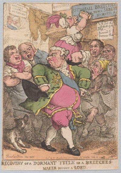 Wiederherstellung eines ruhenden Titels oder ein Hosenmacher wird ein Lord, veröffentlicht 1805 (handkolorierter Stich) von Thomas Rowlandson