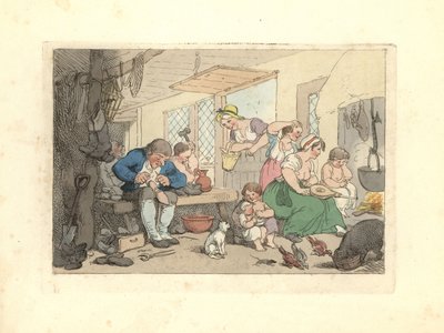 Schuster aus der Regency-Zeit, der in einem überfüllten Raum Schuhe repariert von Thomas Rowlandson