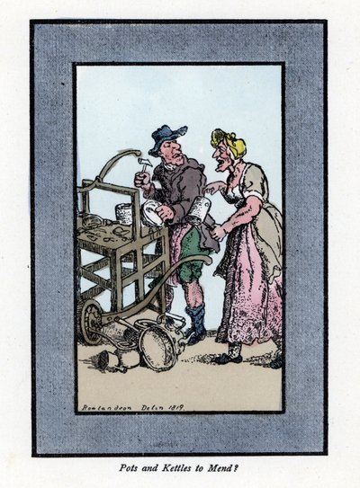Wandernder Handwerker zeigt den Boden eines Topfes. Holzstich nach einem Gemälde von Thomas Rowlandson, veröffentlicht in 