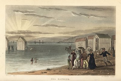 Seebaden: nackte Frauen schwimmen im Meer, und Badegeräte werden ins Wasser gefahren. Handkolorierte Kupferstichgravur von Thomas Rowlandson, Aquatinta von J.C. Stadler, nach einer Skizze von J. Green aus Poetical Sketches of Scarborough, Ackermann, London von Thomas Rowlandson