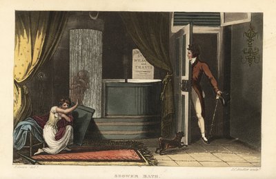 Duschbad: Frauen nehmen eine kalte Dusche in einem Badezimmer und verbergen ihre Scham vor einem männlichen Eindringling von Thomas Rowlandson
