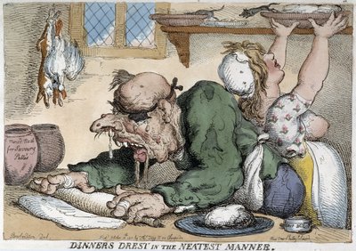 Kranker Mann bereitet das Essen zu - Karikatur von Rowlandson von Thomas Rowlandson