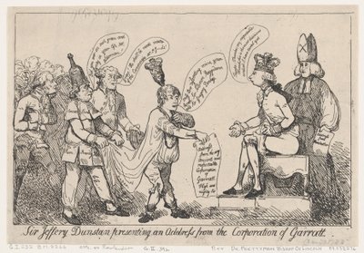 Sir Jeffery Dunstan präsentiert eine Adresse der Corporation of Garratt von Thomas Rowlandson