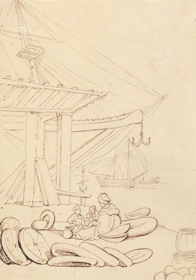 Skizze einer Frau und Kinder, die auf einem Schiffsanleger sitzen von Thomas Rowlandson