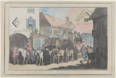 Postkutsche und Reiter im Hof eines Gasthauses, bereit zur Abfahrt von Thomas Rowlandson