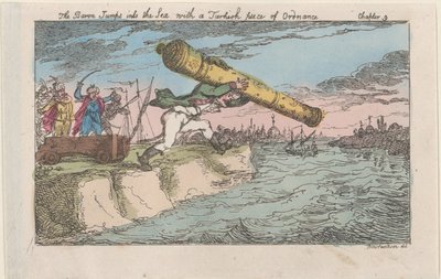 Der Baron springt mit einem türkischen Geschütz ins Meer von Thomas Rowlandson