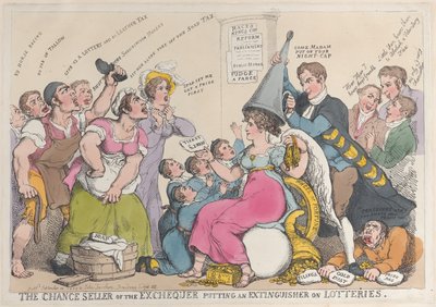 Der Losverkäufer des Schatzamtes setzt einen Löscher auf Lotterien, Sep..., 18. September 1823 von Thomas Rowlandson