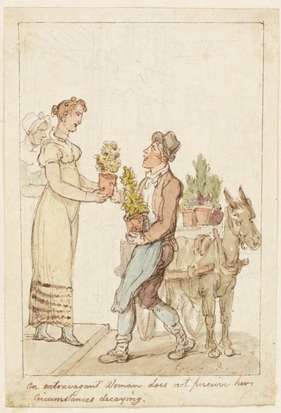 Die extravagante Frau bemerkt nicht, dass ihre Umstände verfallen von Thomas Rowlandson