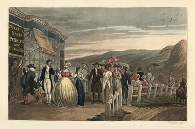 Die Promenade: modische Touristen spazieren vor Cracknill Shells, Pebbles and Curiosities Shop. Handkolorierte Kupferstichgravur von Thomas Rowlandson, Aquatinta von J.C. Stadler, nach einer Skizze von J. Green aus Poetical Sketches of Scarborough, Ackerma von Thomas Rowlandson